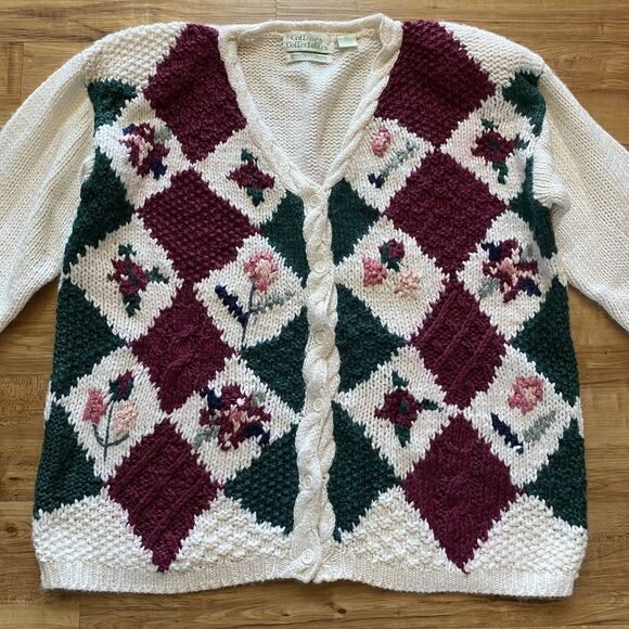 VTG Colleen’s Collectables XL Cream Hand Knit Heavy Sweater Floral Cottagecore* - Picture 11 of 16